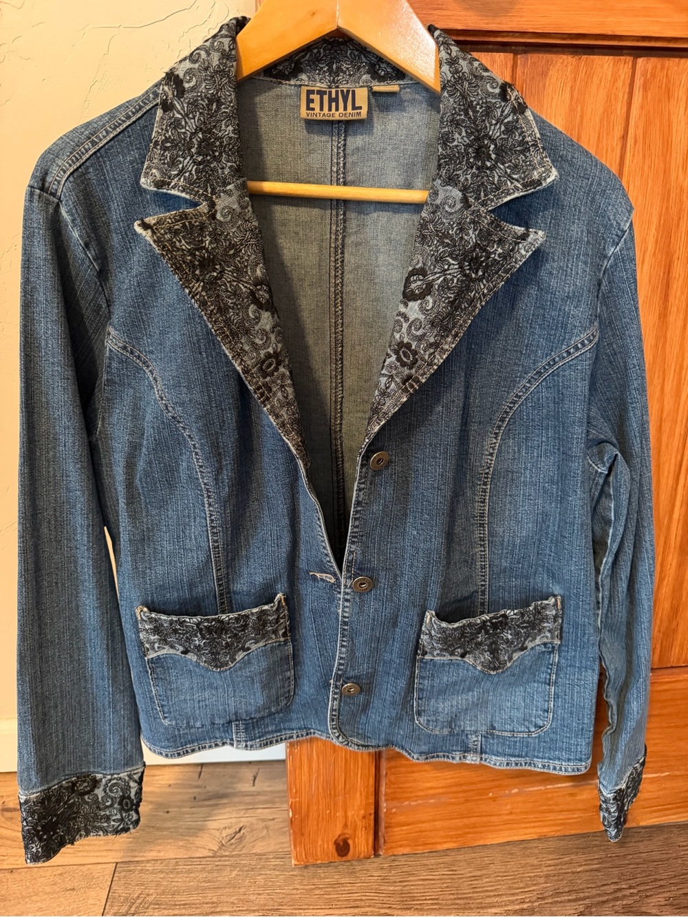 Ethyl Vintage Denim Jacket Blazer Size L Large Blue Lace Floral Velvet Trim Y2K